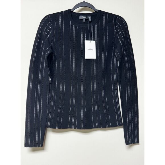 NWT - THEORY Slim Crew Pullover Sweater Black Eggshell Prosecco, Sz S - Picture 2 of 8